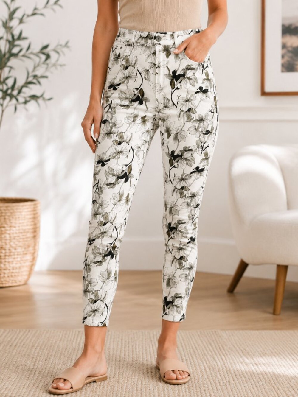 Buffalo David Bitton Havana Jeans 14/34 White Floral High Rise Ankle Skinny